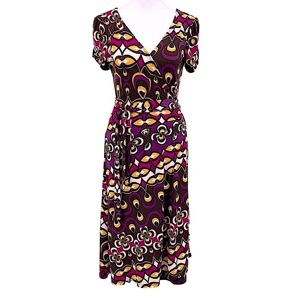 BISOU BISOU Wrap Midi Dress Black Geo Print - Size 4 EUC